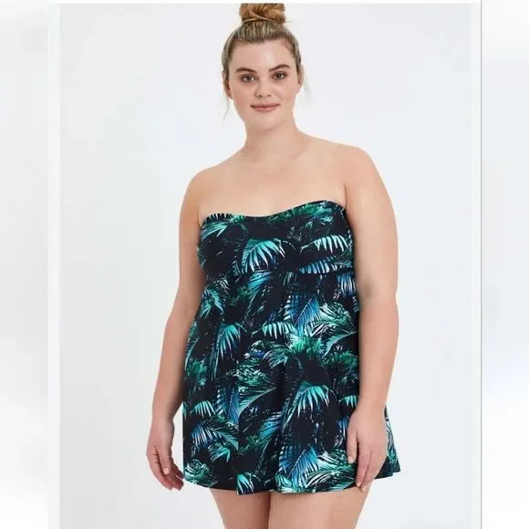 Torrid "palms forrest" Wireless Mid Strapless Swim Dress With Brief size 2! - Picture 1 of 12